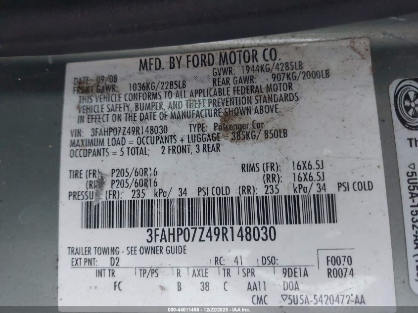 2009 Ford Fusion Se VIN: 3FAHP07Z49R148030 Lot: 44011456