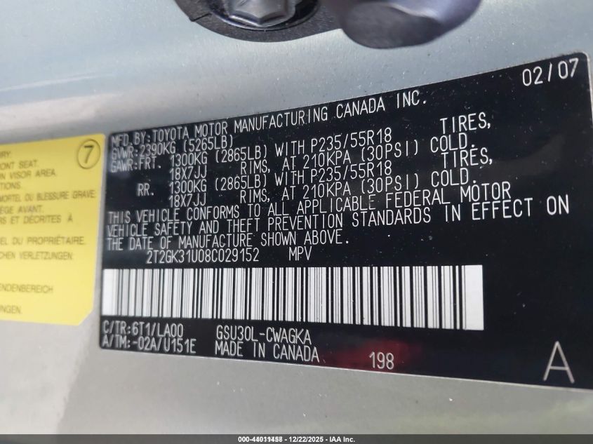 2008 Lexus Rx 350 VIN: 2T2GK31U08C029152 Lot: 44011458