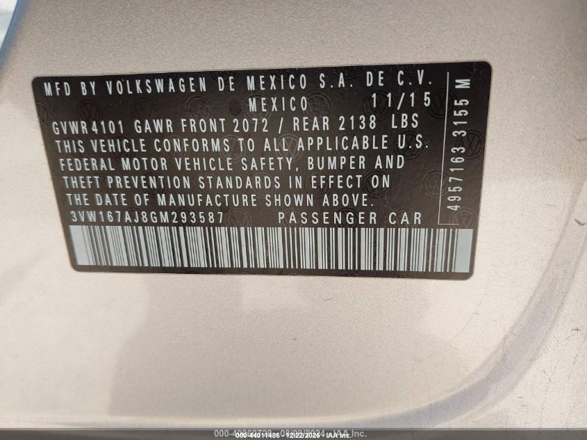 2016 Volkswagen Jetta 1.4T S VIN: 3VW167AJ8GM293587 Lot: 44011486