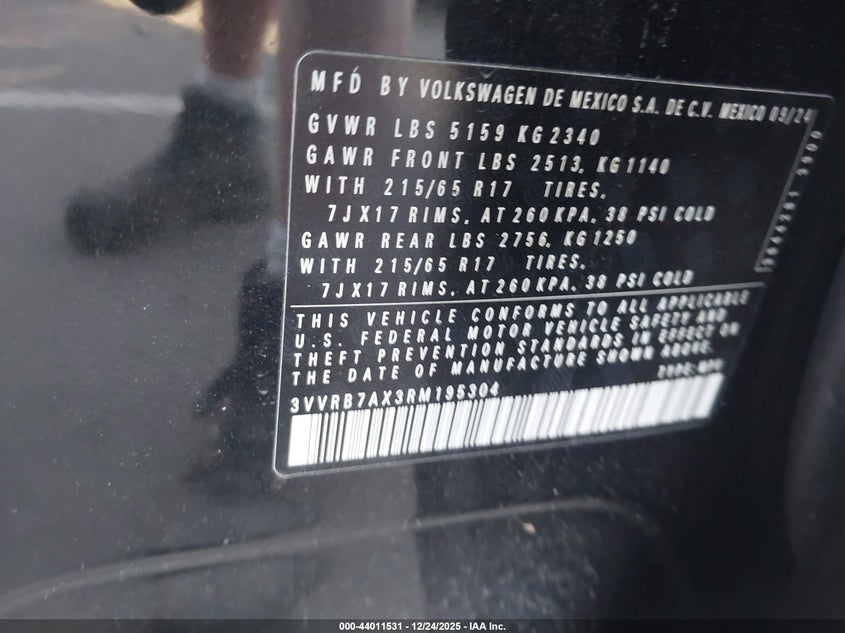 2024 Volkswagen Tiguan 2.0T S VIN: 3VVRB7AX3RM195304 Lot: 44011531