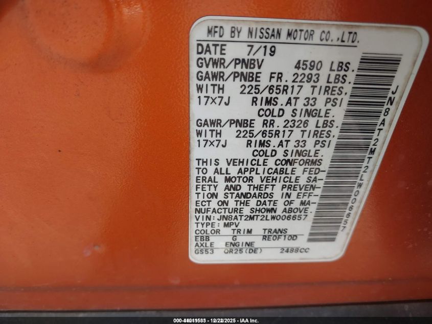 2020 Nissan Rogue Sv Fwd VIN: JN8AT2MT2LW006657 Lot: 44011533