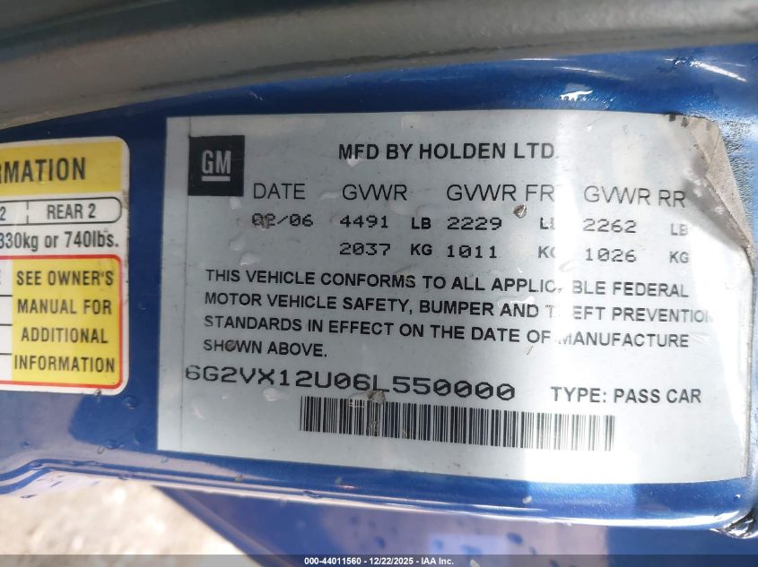 2006 Pontiac Gto VIN: 6G2VX12U06L550000 Lot: 44011560