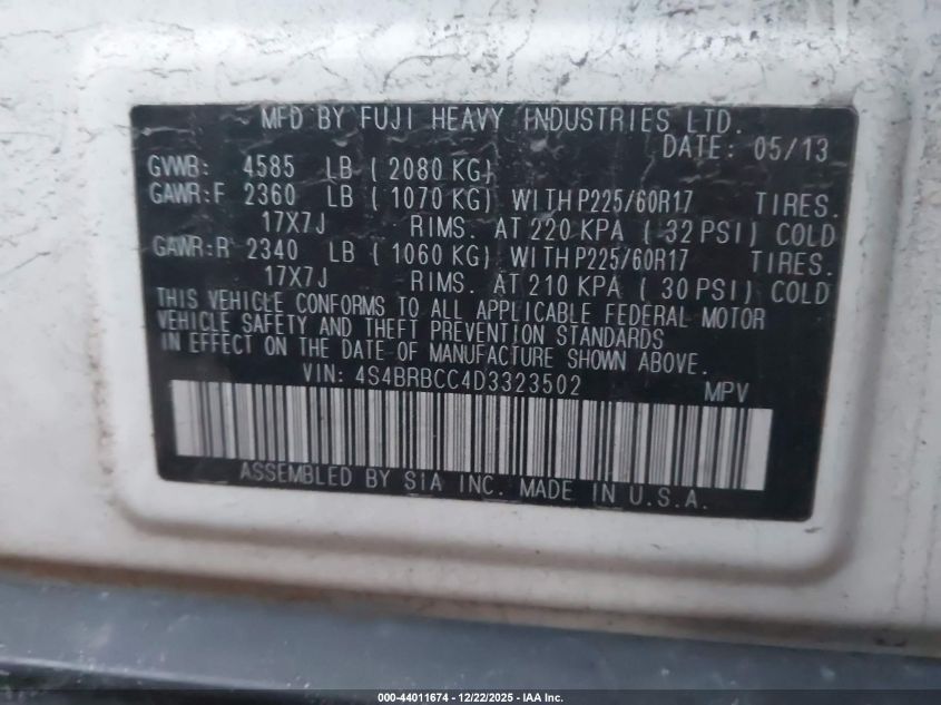 2013 Subaru Outback 2.5I Premium VIN: 4S4BRBCC4D3323502 Lot: 44011674