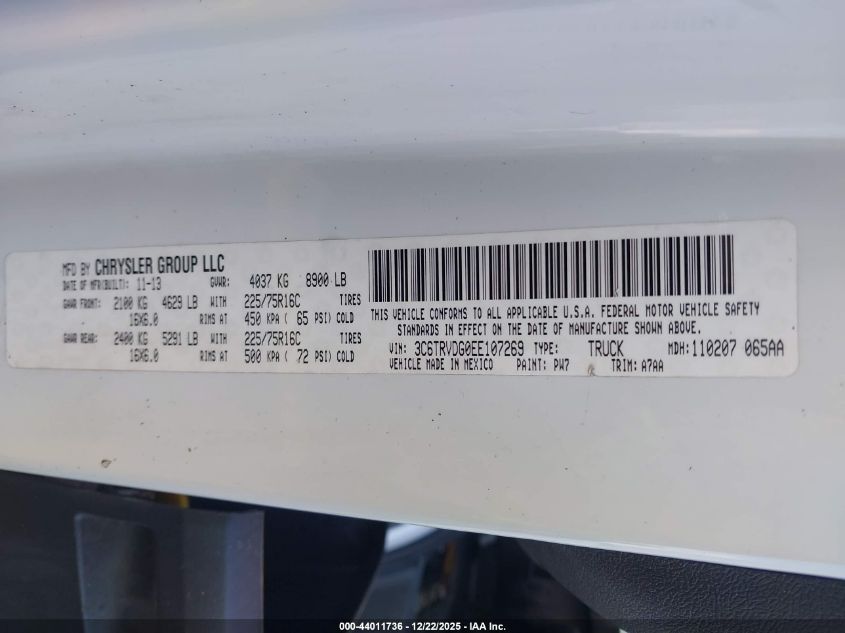 2014 Ram Promaster 2500 High Roof VIN: 3C6TRVDG0EE107269 Lot: 44011736