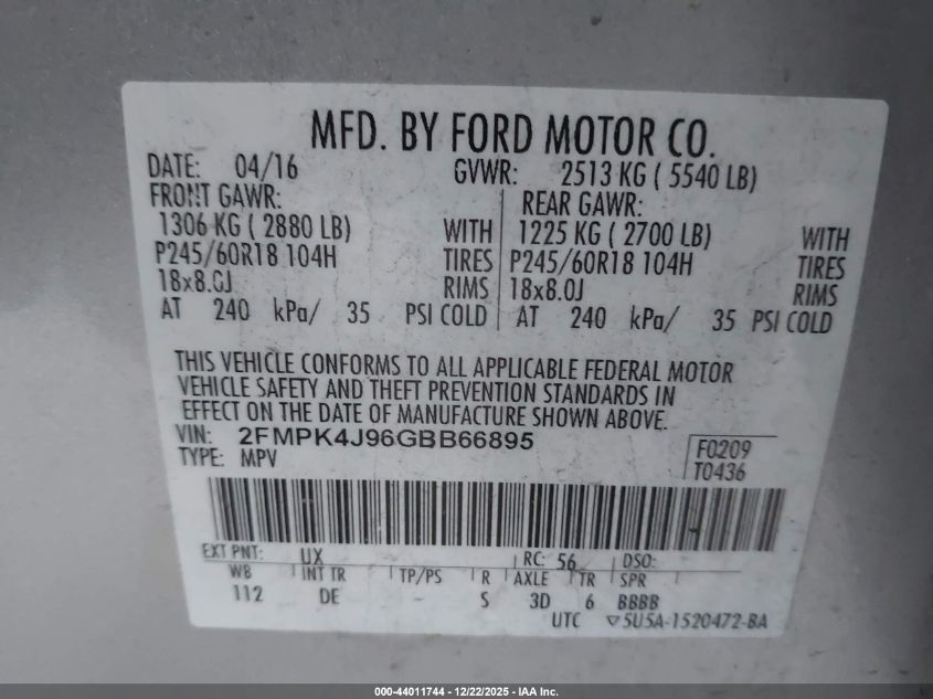 2016 Ford Edge Sel VIN: 2FMPK4J96GBB66895 Lot: 44011744