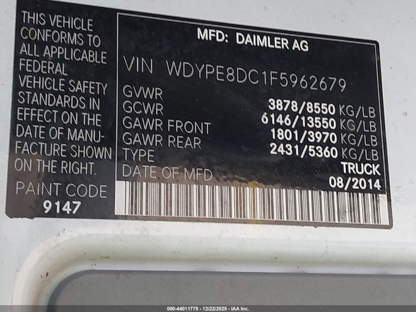 2015 Freightliner Sprinter 2500 High Roof VIN: WDYPE8DC1F5962679 Lot: 44011775