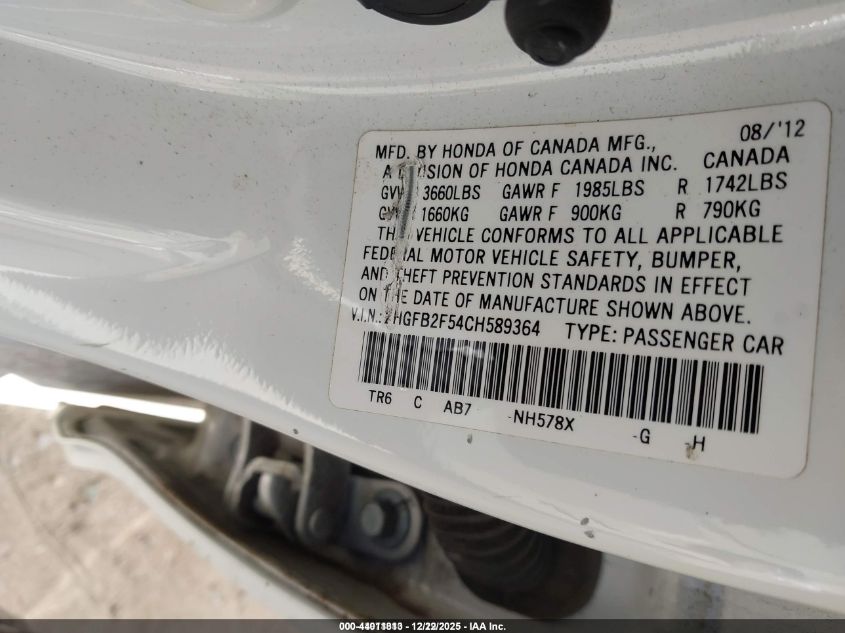 2012 Honda Civic Lx VIN: 2HGFB2F54CH589364 Lot: 44011813