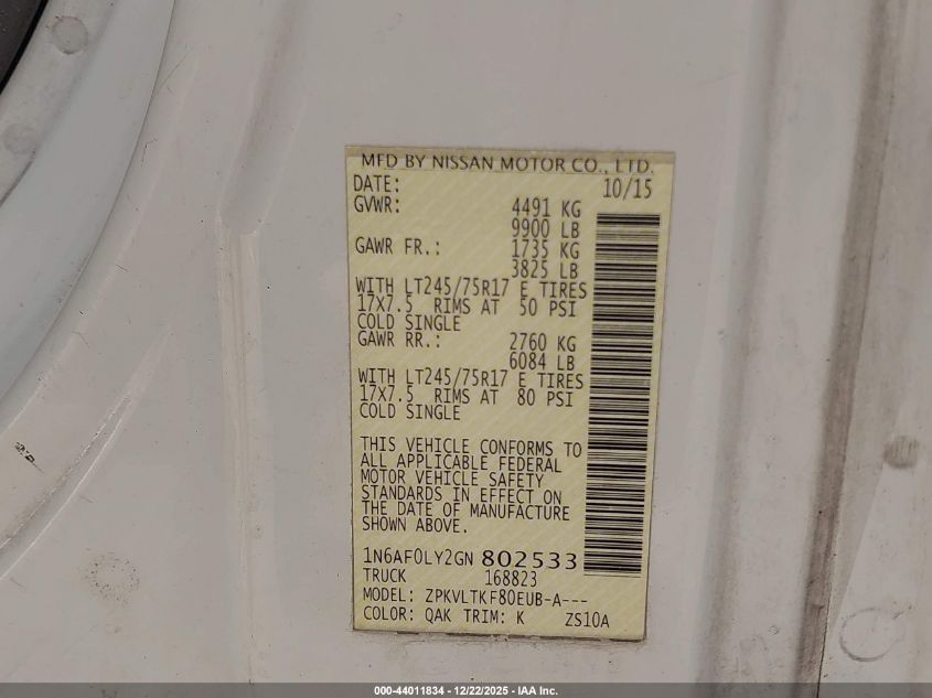 2016 Nissan Nv Cargo Nv3500 Hd Sv V8 VIN: 1N6AF0LY2GN802533 Lot: 44011834