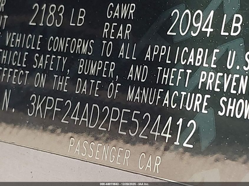 2023 Kia Forte Lxs VIN: 3KPF24AD2PE524412 Lot: 44011843