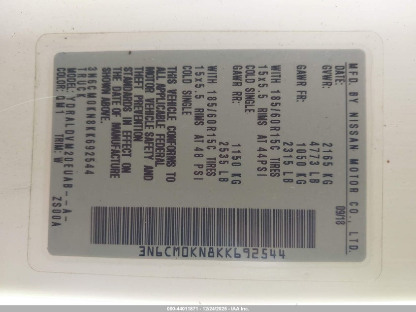 2019 Nissan Nv200 S VIN: 3N6CM0KN8KK692544 Lot: 44011871