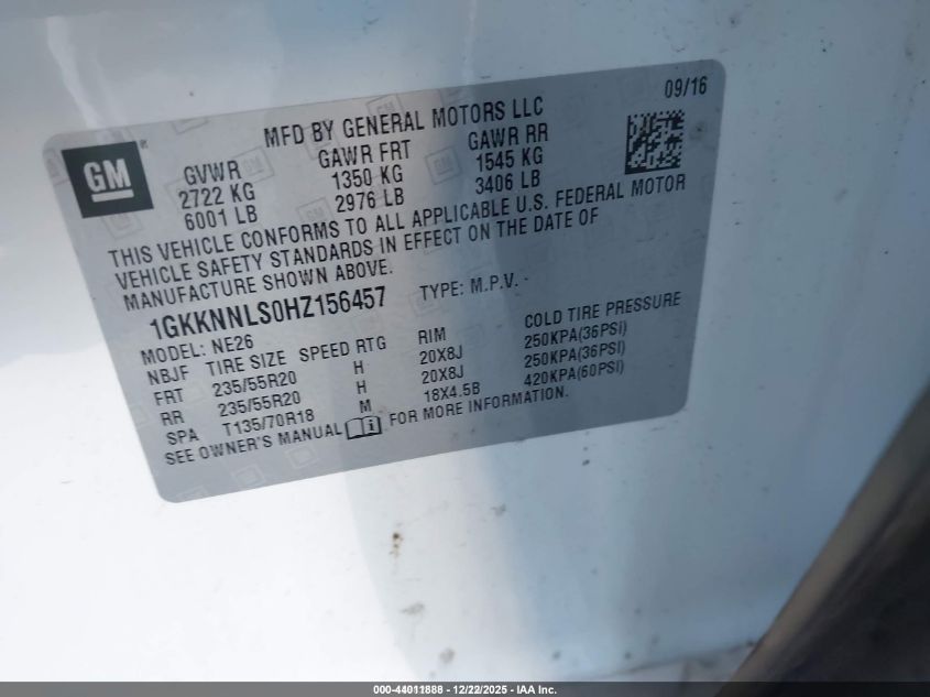 2017 GMC Acadia Slt-2 VIN: 1GKKNNLS0HZ156457 Lot: 44011888