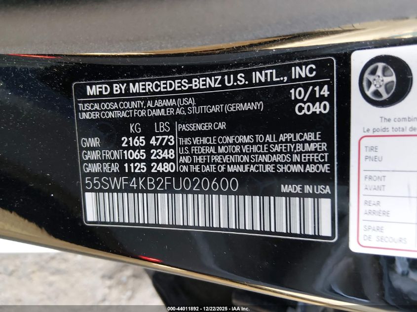 2015 Mercedes-Benz C 300 Luxury 4Matic VIN: 55SWF4KB2FU020600 Lot: 44011892