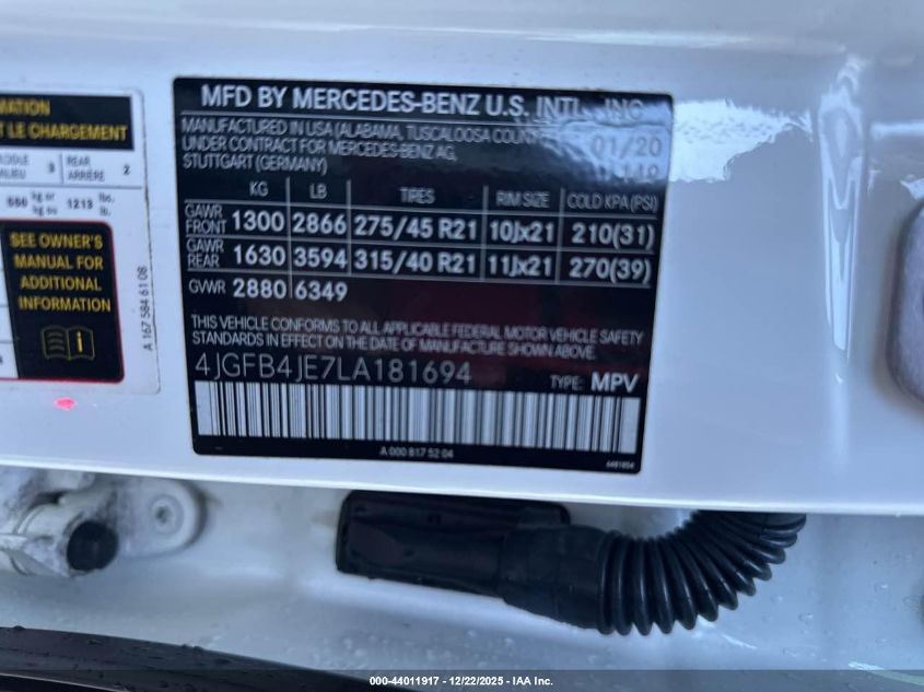 2020 Mercedes-Benz Gle 350 VIN: 4JGFB4JE7LA181694 Lot: 44011917