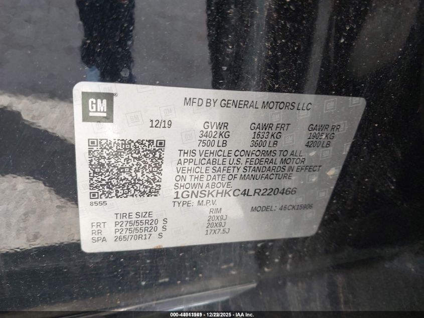 2020 Chevrolet Suburban 4Wd Lt VIN: 1GNSKHKC4LR220466 Lot: 44011949