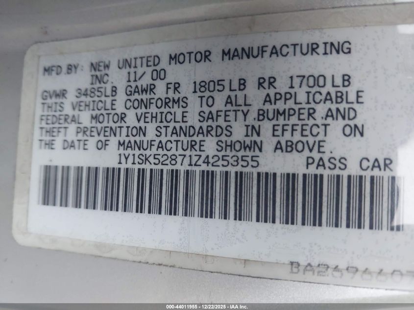 2001 Chevrolet Prizm VIN: 1Y1SK52871Z425355 Lot: 44011955