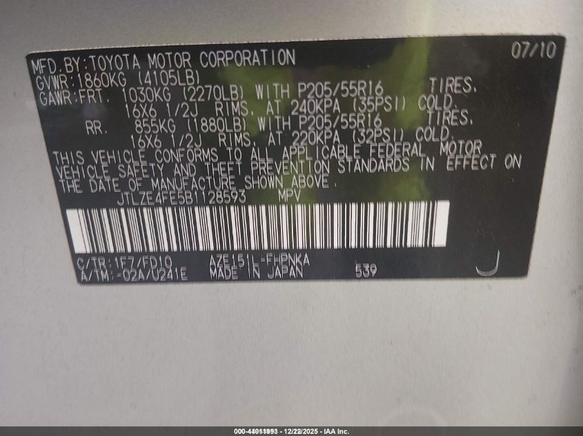 2011 Scion Xb VIN: JTLZE4FE5B1128593 Lot: 44011993