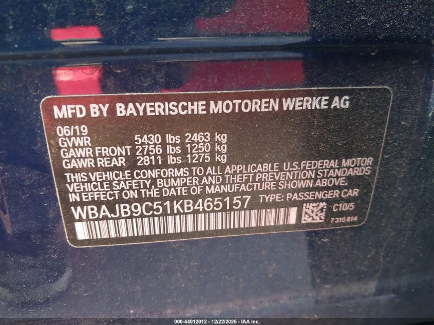 2019 BMW M550I xDrive VIN: WBAJB9C51KB465157 Lot: 44012012
