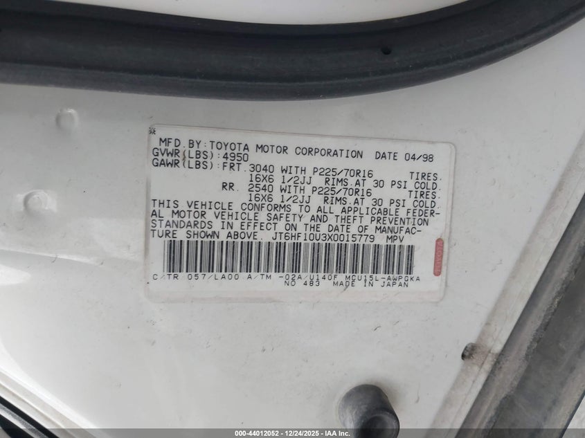 1999 Lexus Rx 300 VIN: JT6HF10U3X0015779 Lot: 44012052