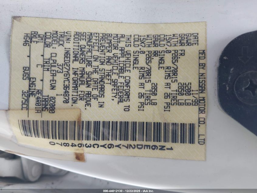 2000 Nissan Frontier Se-V6/Xe-V6 VIN: 1N6ED27Y6YC364870 Lot: 44012130