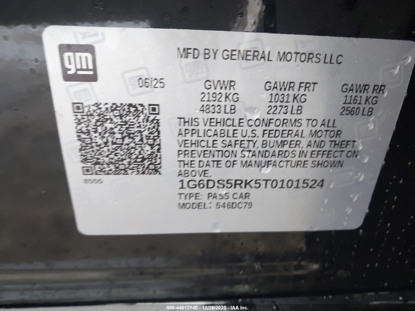 2026 Cadillac Ct5 Premium Luxury Rwd VIN: 1G6DS5RK5T0101524 Lot: 44012140