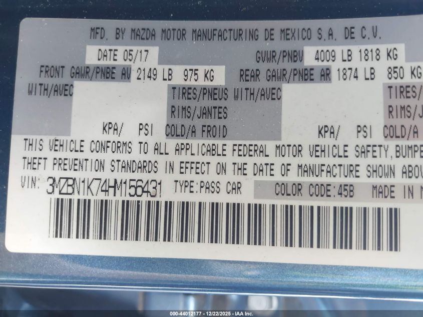 2017 Mazda Mazda3 Sport VIN: 3MZBN1K74HM156431 Lot: 44012177