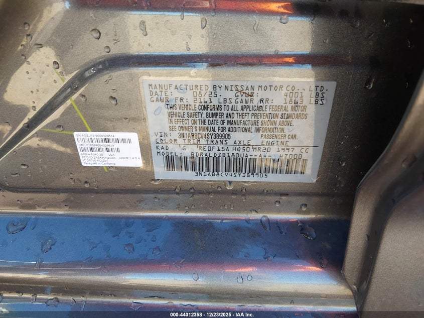 VIN 3N1AB8CV4SY389905 2025 NISSAN SENTRA SV