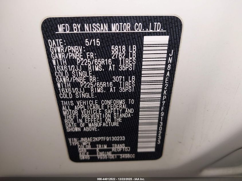 2015 Nissan Quest S VIN: JN8AE2KP7F9130233 Lot: 44012522