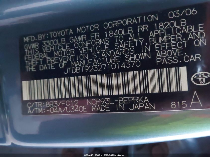 2007 Toyota Yaris VIN: JTDBT923271014370 Lot: 44012567