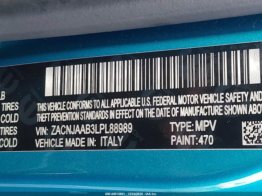 2020 Jeep Renegade Sport Fwd VIN: ZACNJAAB3LPL88989 Lot: 44012601