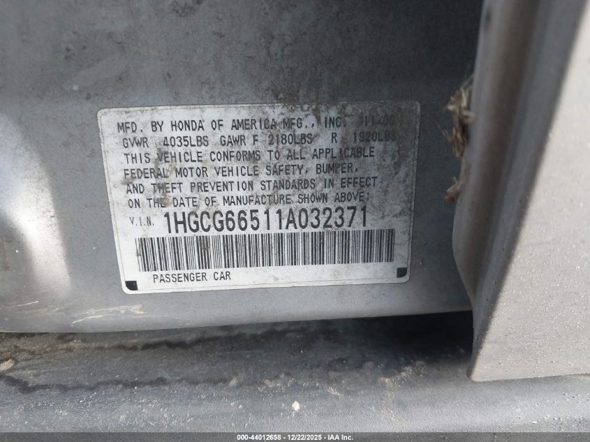 2001 Honda Accord 2.3 Lx VIN: 1HGCG66511A032371 Lot: 44012658