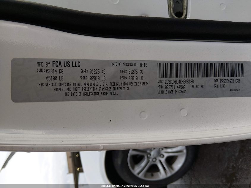 2019 Dodge Charger Sxt Rwd VIN: 2C3CDXBG4KH508138 Lot: 44012695