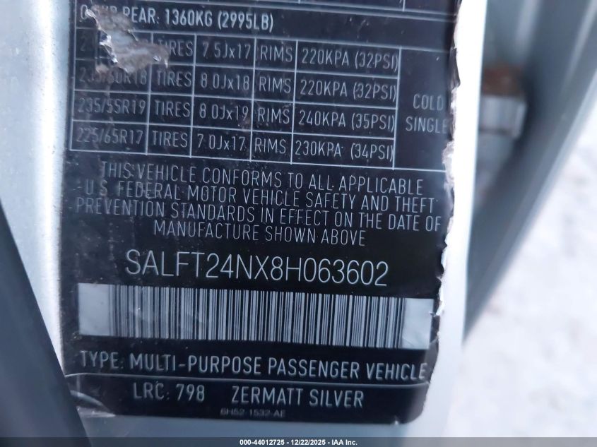 2008 Land Rover Lr2 Hse VIN: SALFT24NX8H063602 Lot: 44012725