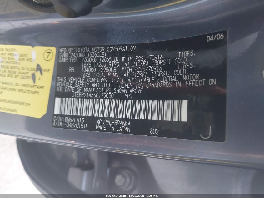 2006 Toyota Highlander V6 VIN: JTEEP21A360175030 Lot: 44012749