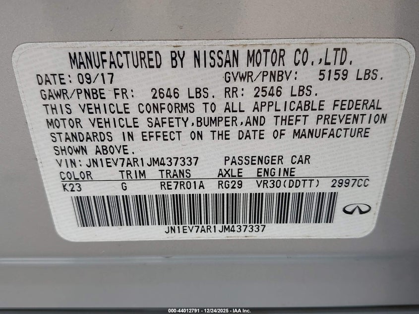 VIN JN1EV7AR1JM437337 2018 INFINITI Q50 3.0T LUXE