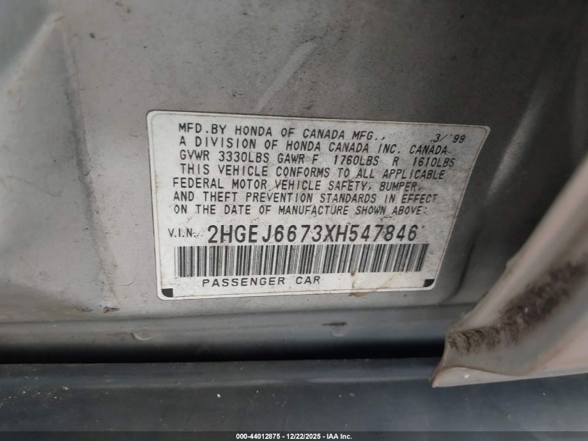 1999 Honda Civic Lx VIN: 2HGEJ6673XH547846 Lot: 44012875