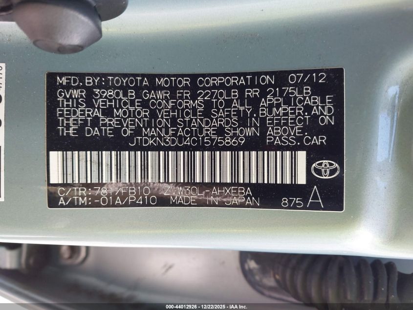 2012 Toyota Prius Five/Four/One/Three/Two VIN: JTDKN3DU4C1575869 Lot: 44012926