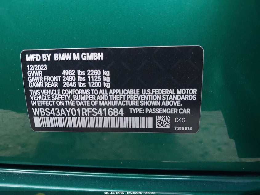 2024 BMW M3 Competition xDrive VIN: WBS43AY01RFS41684 Lot: 44012995