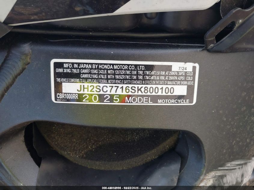 2025 Honda Cbr1000 Rr VIN: JH2SC7716SK800100 Lot: 44012998