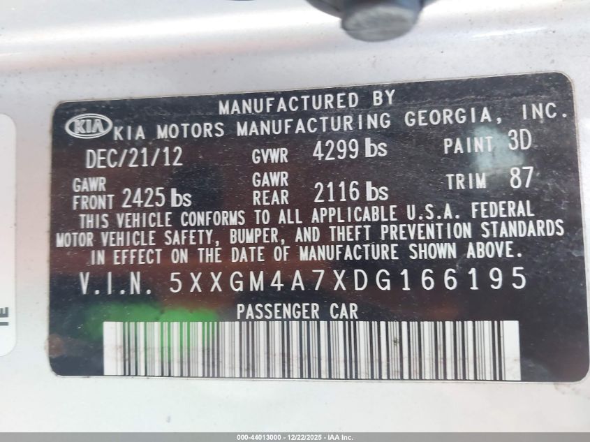 2013 Kia Optima Lx VIN: 5XXGM4A7XDG166195 Lot: 44013000