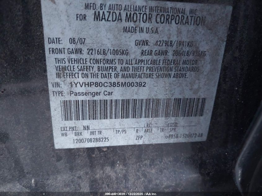 2008 Mazda Mazda6 I Sport Ve VIN: 1YVHP80C385M00392 Lot: 44013039