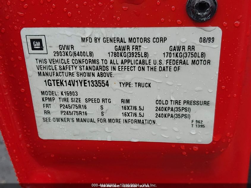 2000 GMC Sierra 1500 Sl VIN: 1GTEK14V1YE133554 Lot: 44013049