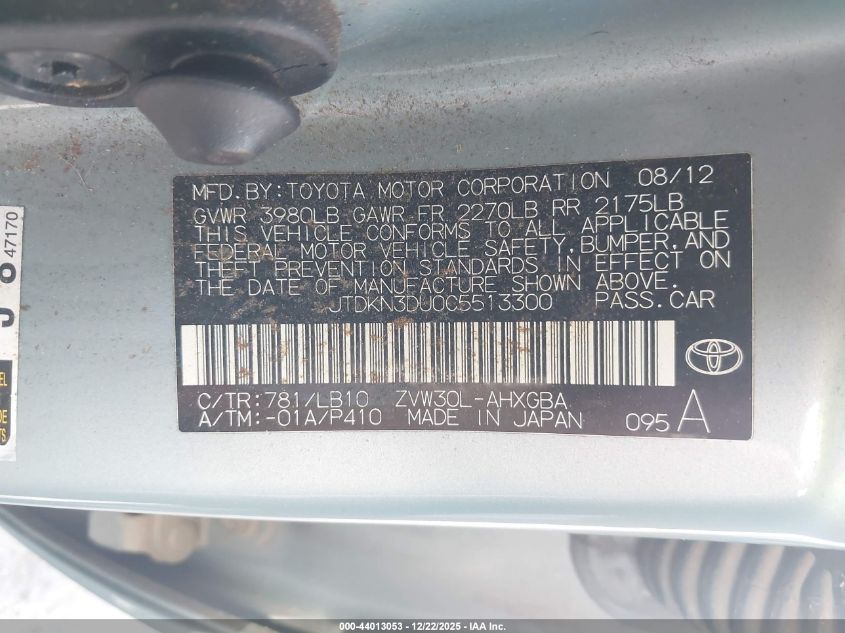 2012 Toyota Prius Four VIN: JTDKN3DU0C5513300 Lot: 44013053