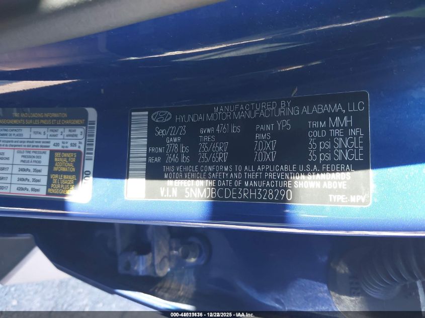 2024 Hyundai Tucson Sel VIN: 5NMJBCDE3RH328290 Lot: 44013136