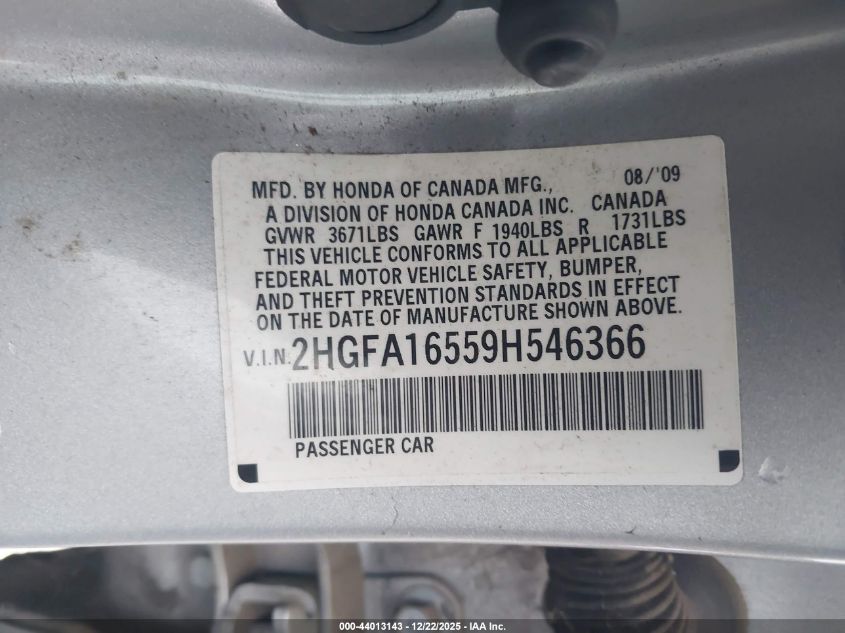 2009 Honda Civic Lx VIN: 2HGFA16559H546366 Lot: 44013143