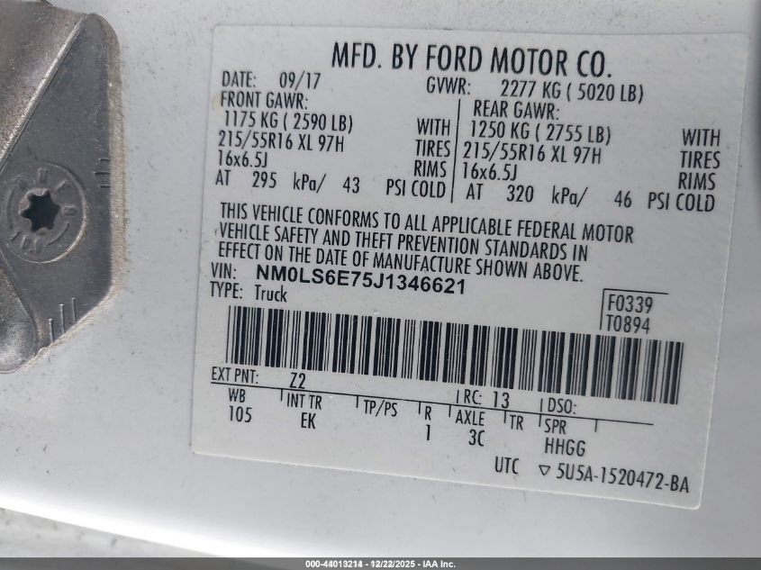 2018 Ford Transit Connect Xl VIN: NM0LS6E75J1346621 Lot: 44013214