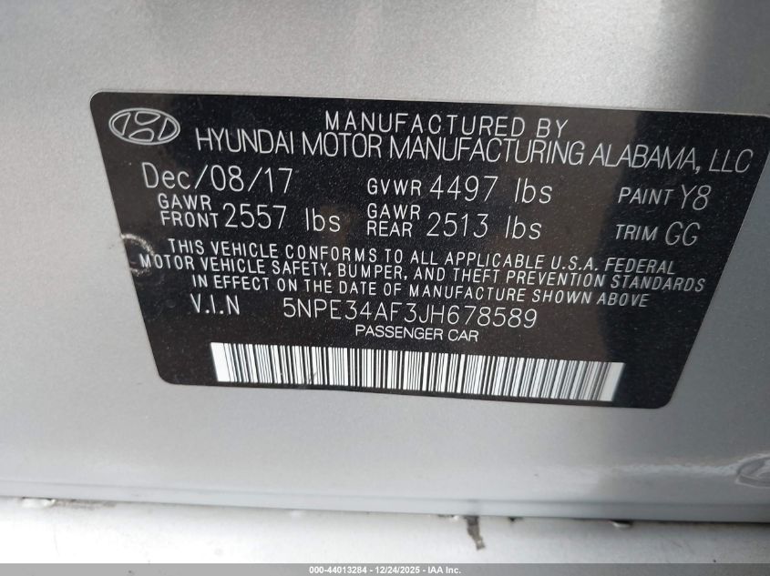 2018 Hyundai Sonata Limited VIN: 5NPE34AF3JH678589 Lot: 44013284