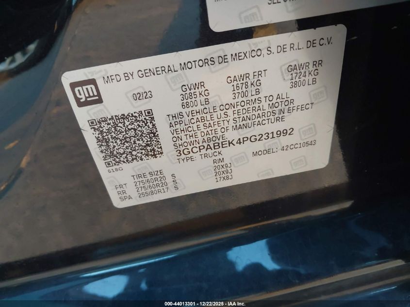 2023 Chevrolet Silverado 1500 2Wd Short Bed Custom VIN: 3GCPABEK4PG231992 Lot: 44013301