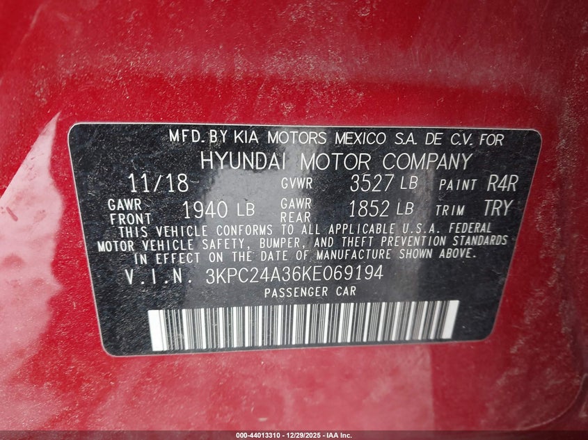 2019 Hyundai Accent Se VIN: 3KPC24A36KE069194 Lot: 44013310