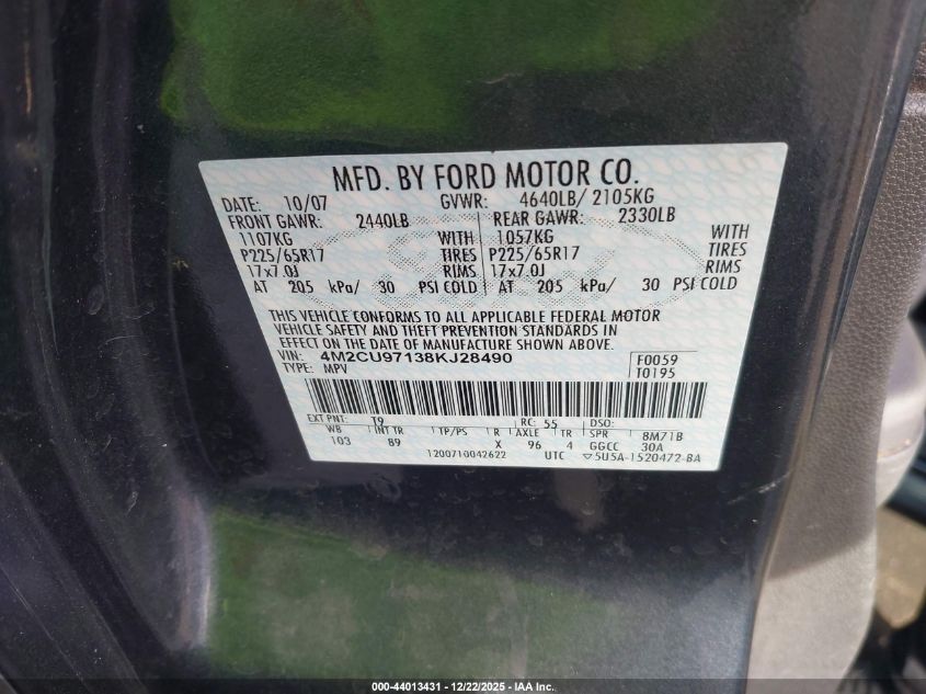 2008 Mercury Mariner Premier VIN: 4M2CU97138KJ28490 Lot: 44013431