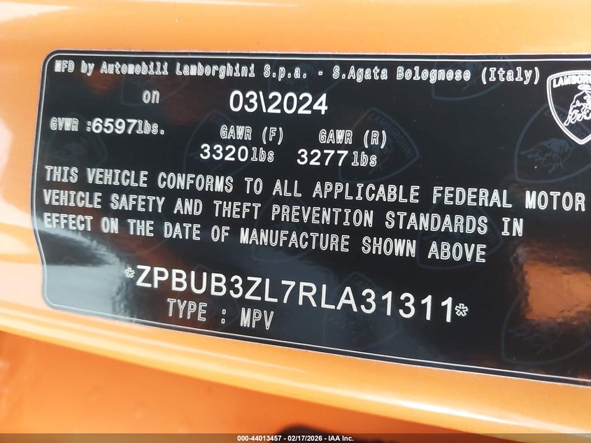 Auction sale of the 2024 LAMBORGHINI URUS , vin: ZPBUB3ZL7RLA31311, lot number: 44013457